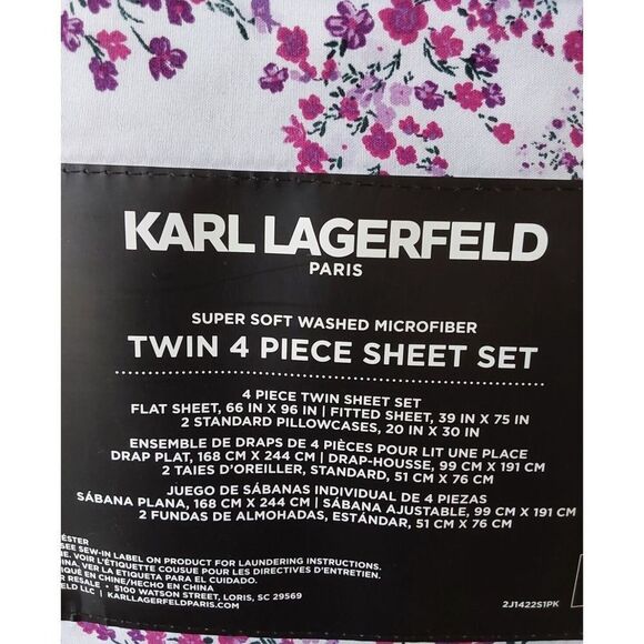 Karl Lagerfeld White Purple Floral TWIN Washed Super Soft 4 Piece Sheet Set - Picture 8 of 9